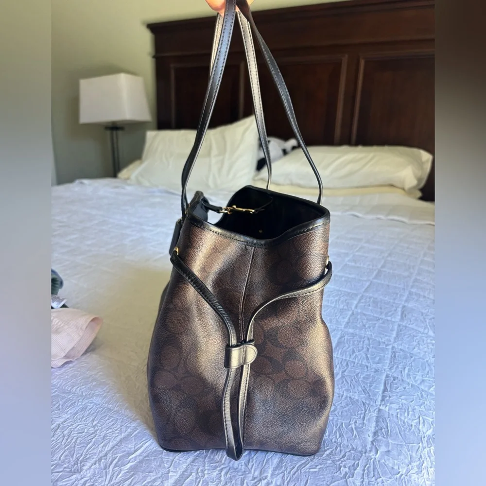 Coach Dark Brown Signature Canvas Tote with Black Trim - Gold clasp